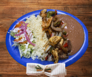 Fajitas with rice and beans.