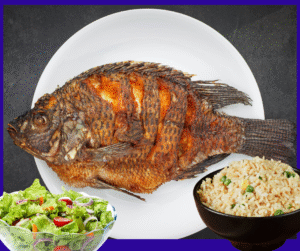 Fried mojarra with rice and salad.