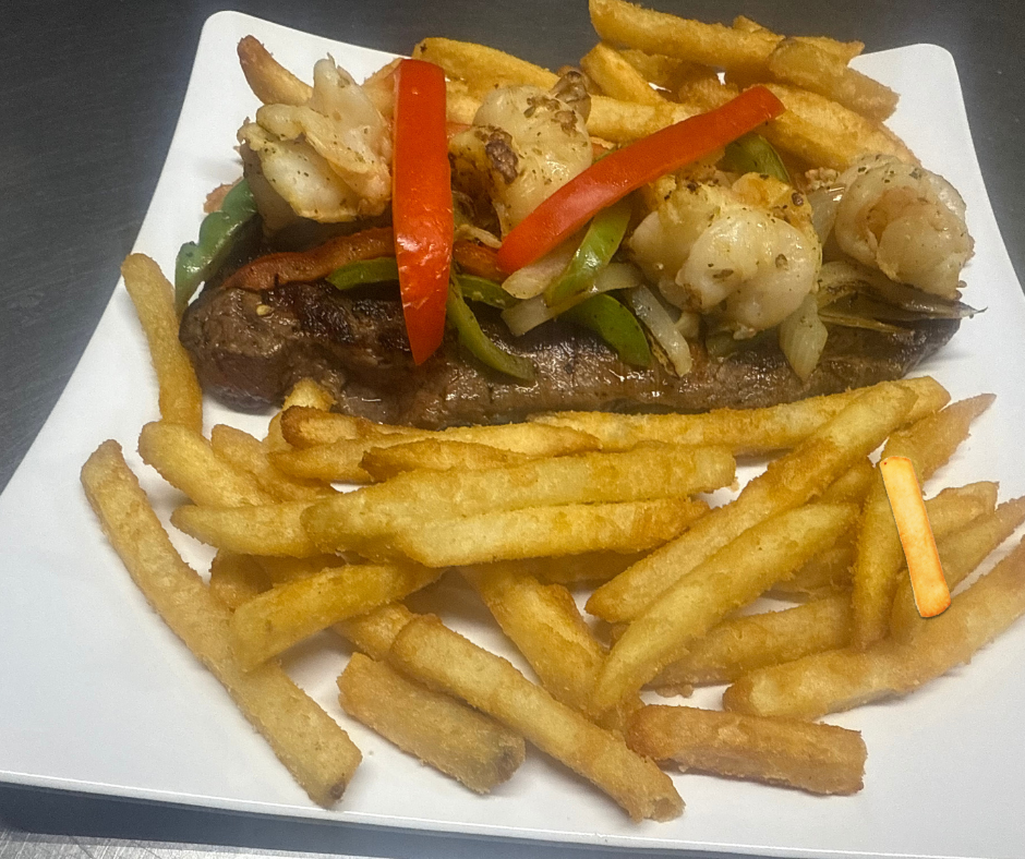 Steak and shrimps dish.